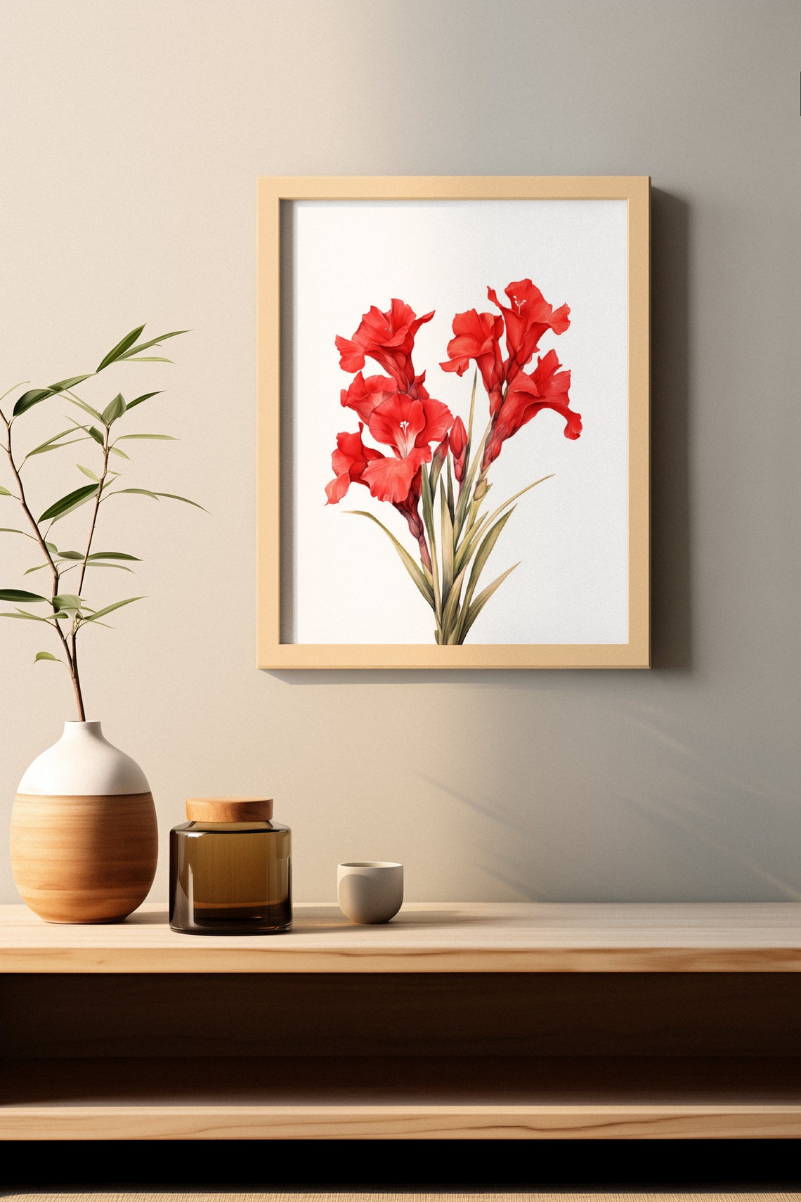 Red Gladiolus Flower Spray Watercolour Botanical Flower Poster - Image 2