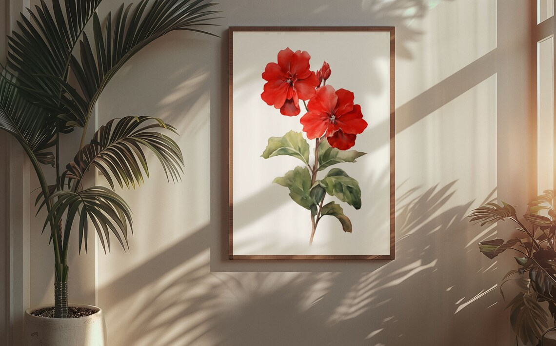 Red Primrose Twin Blooms Watercolour Botanical Flower Poster - Image 7