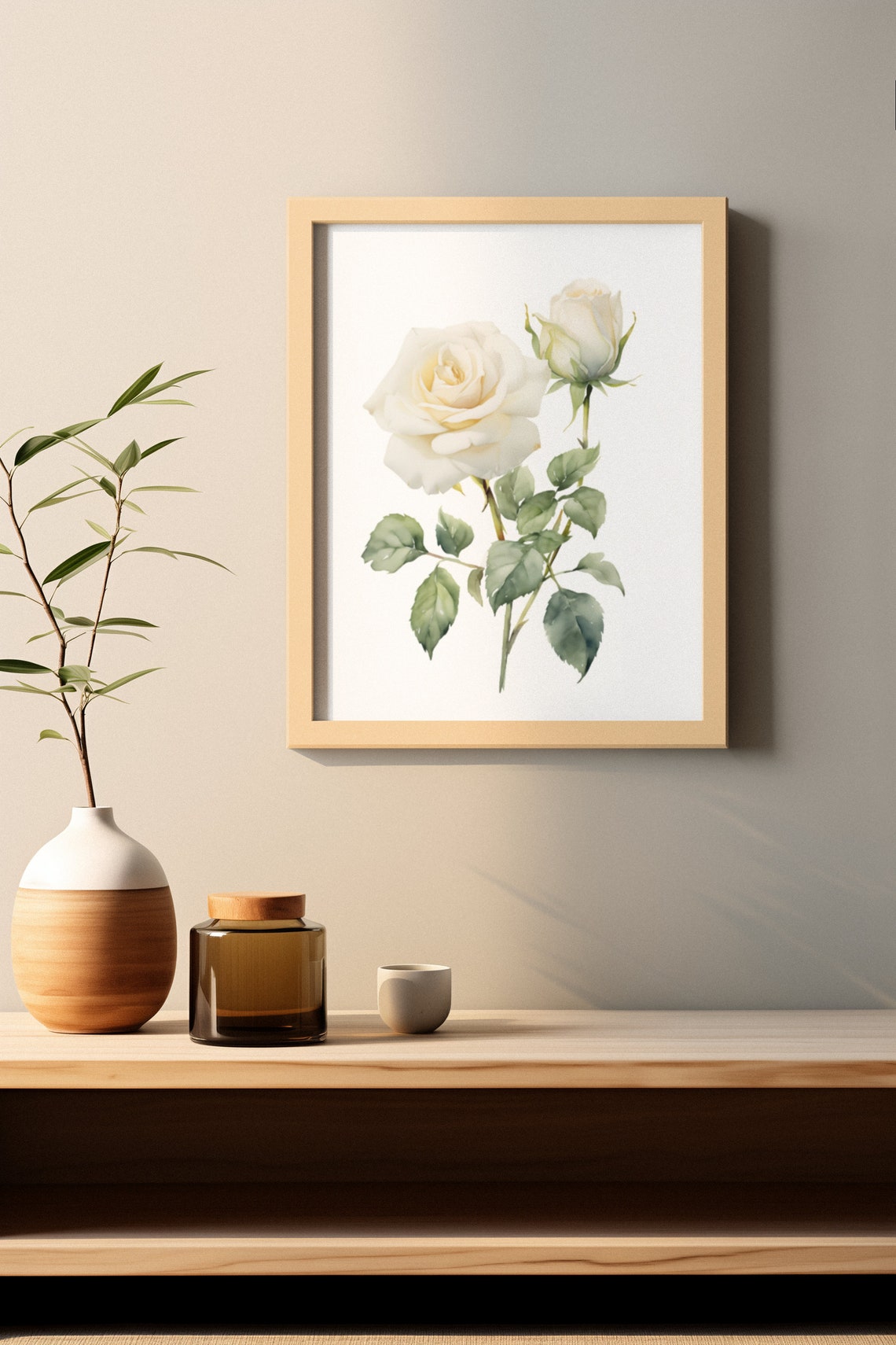 White Rose Bloom And Bud Graceful Watercolor Botanical Art Poster - Image 3