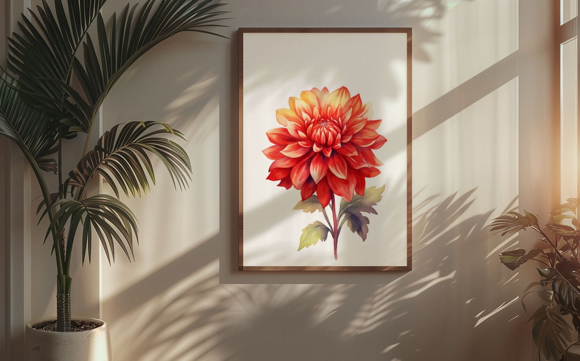 Flame Red Orange Dahlia Golden Tip Watercolour Botanical Art Poster - Image 5