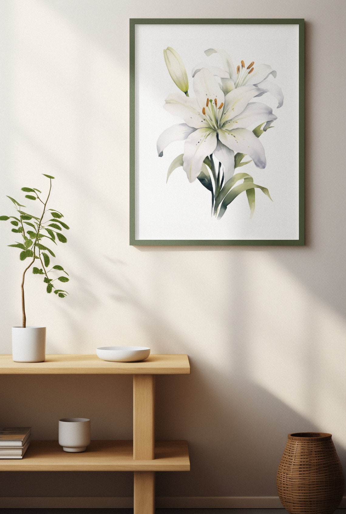 White Lily Blossoms With Buds Serene Peaceful Watercolor Art Poster - Image 4
