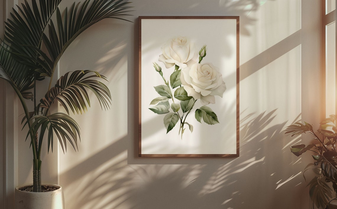 White Rose Pair With Buds Romantic Tender Watercolor Art Poster - Image 5