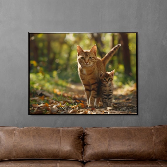 Cozy Orange Cat With Cute Kitten Tabby Cat Mom Wall Art Colourful Felines Walking In Forest Housewarming Gift