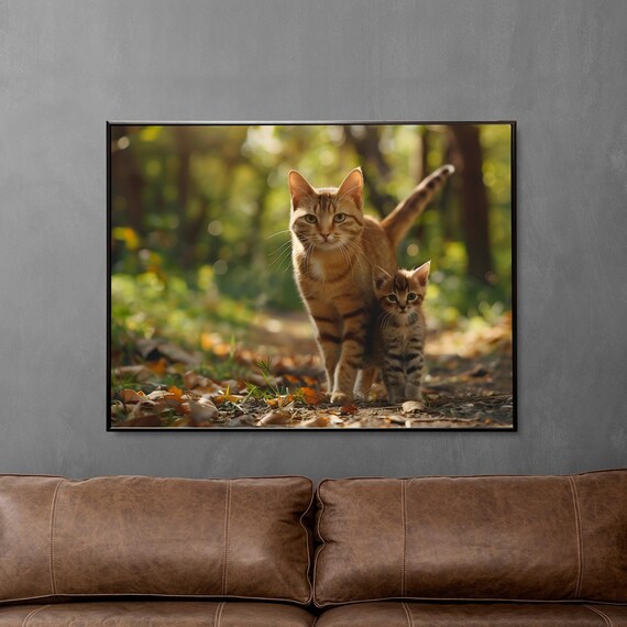Tabby Cat With Kitten Walking Autumn Forest Leaves Warm Animal Poster