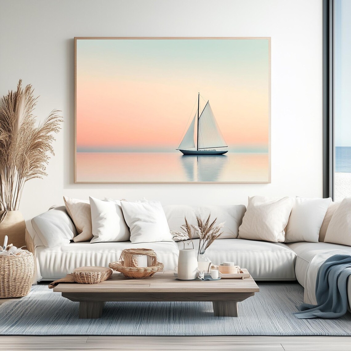 Sailboat Drifting On Mirror Calm Water Soft Peach Sunset Minimal Ocean Poster
