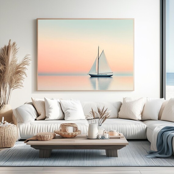 Sailboat Drifting On Mirror Calm Water Soft Peach Sunset Minimal Ocean Poster