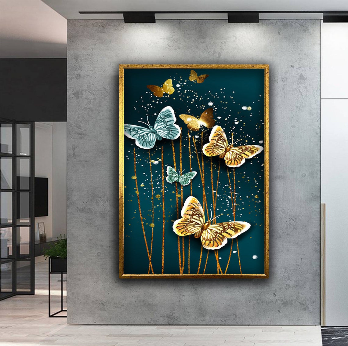 Gold and Teal Butterfly Swarm Dark Elegant Chic Modern Art Print - Image 2
