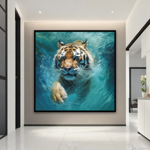 Tiger Swimming Underwater Turquoise Waves Powerful Wildlife Art Wall Poster