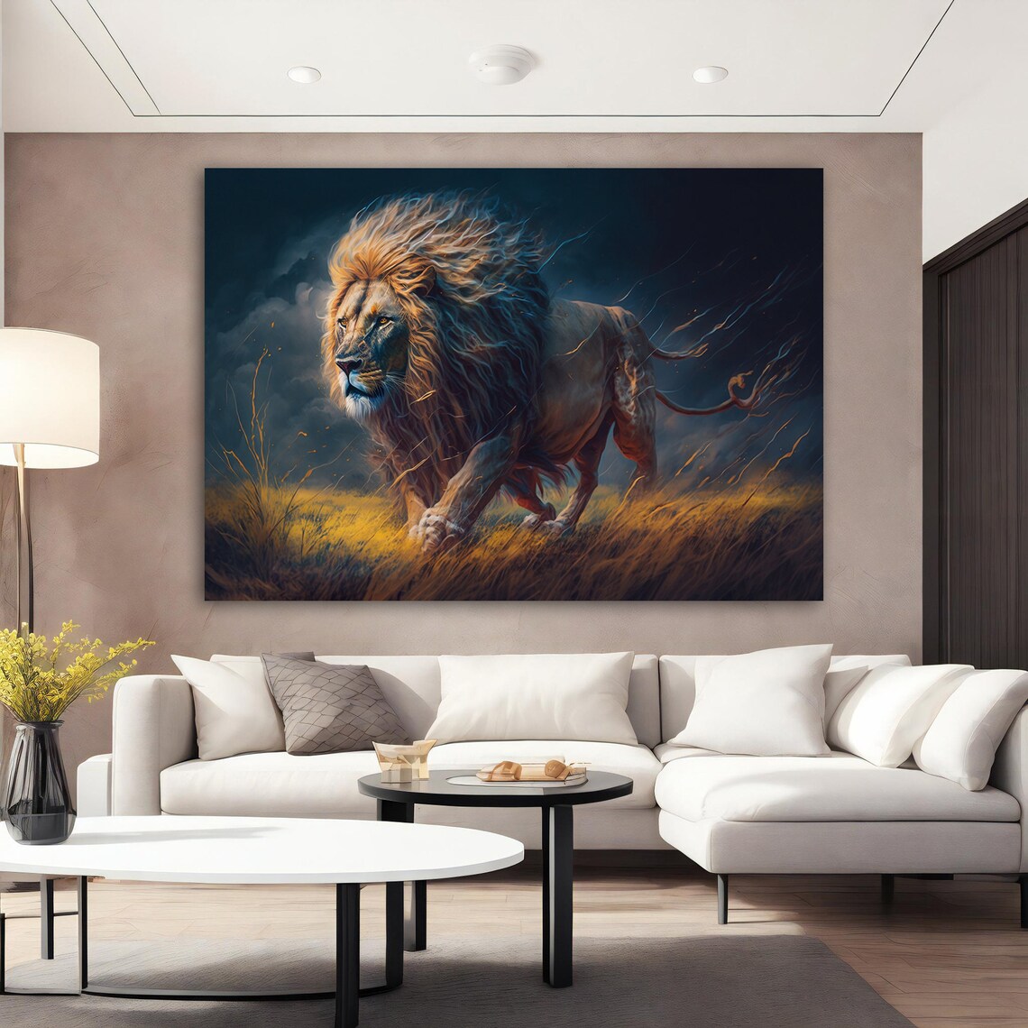 Majestic Lion Running Golden Savanna Night Storm Wildlife Poster - Image 3