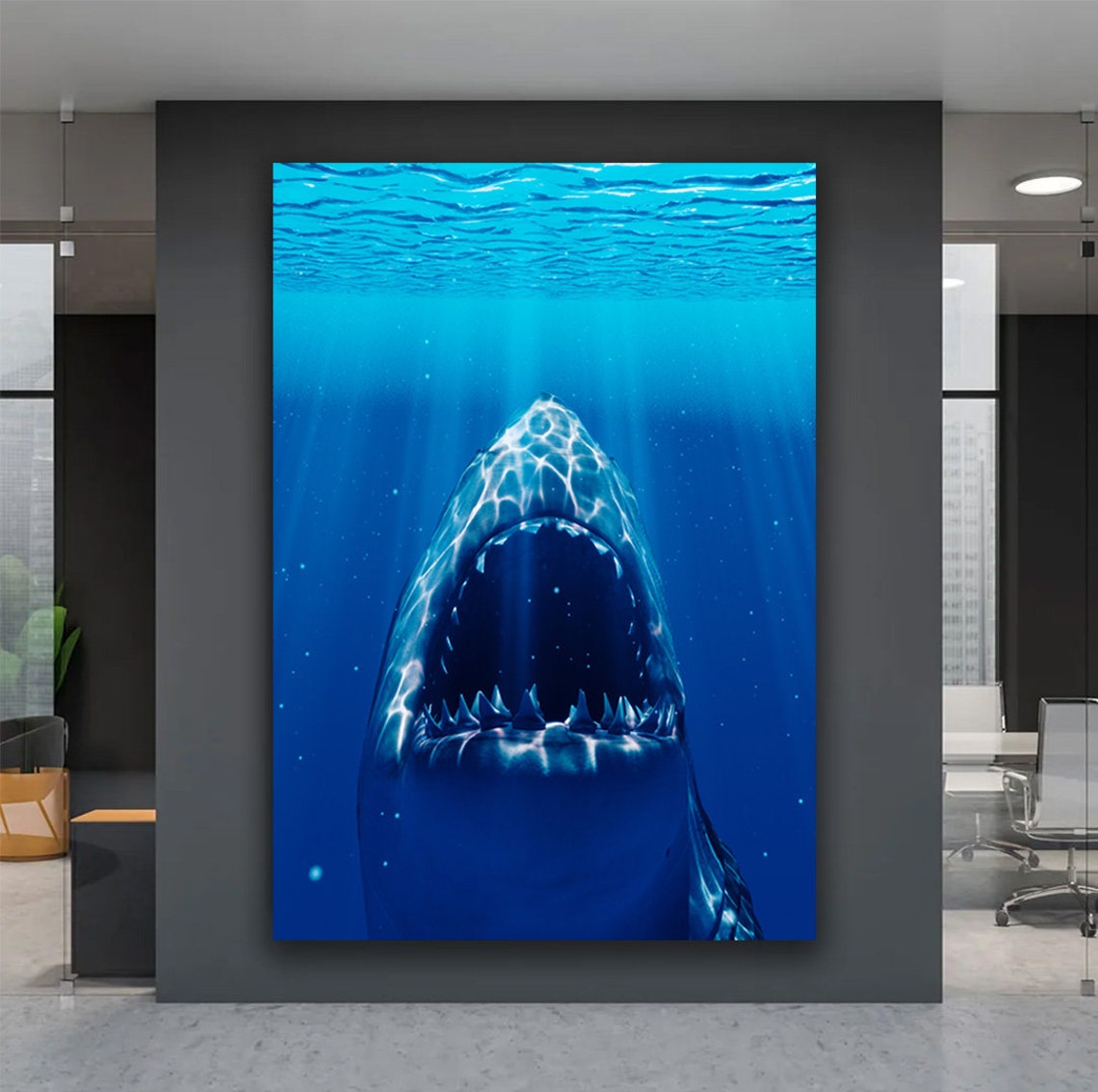 Great White Shark Open Jaws Deep Blue Ocean Wildlife Wall Art