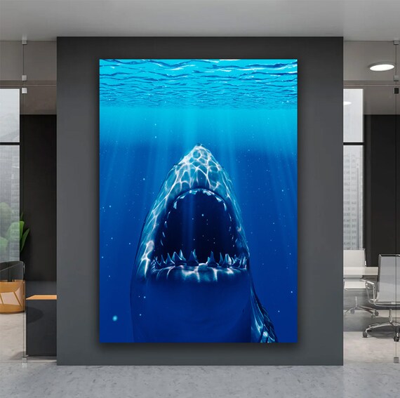 Great White Shark Open Jaws Deep Blue Ocean Wildlife Wall Art