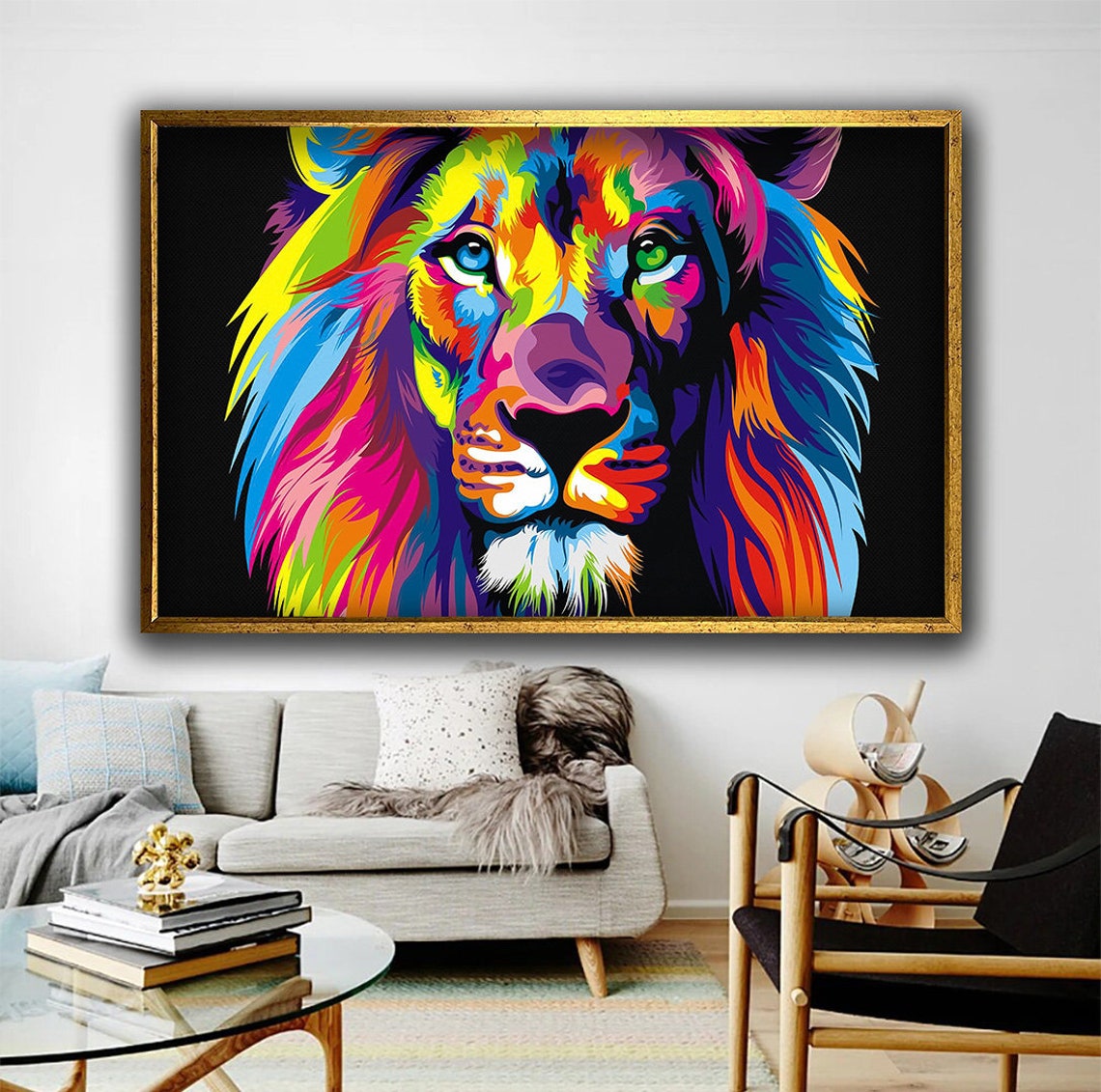 Rainbow Pop Art Lion Head Colorful Mane Bold Black Canvas Poster - Image 2