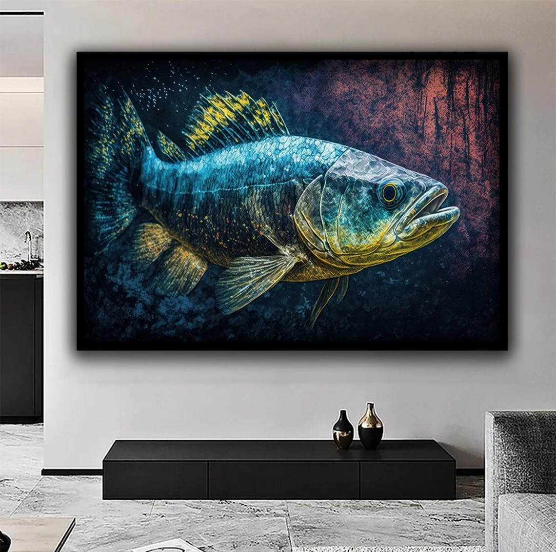 Teal Game Fish Painting Gold Fin Underwater Sea Life Wall Art Print - Image 5