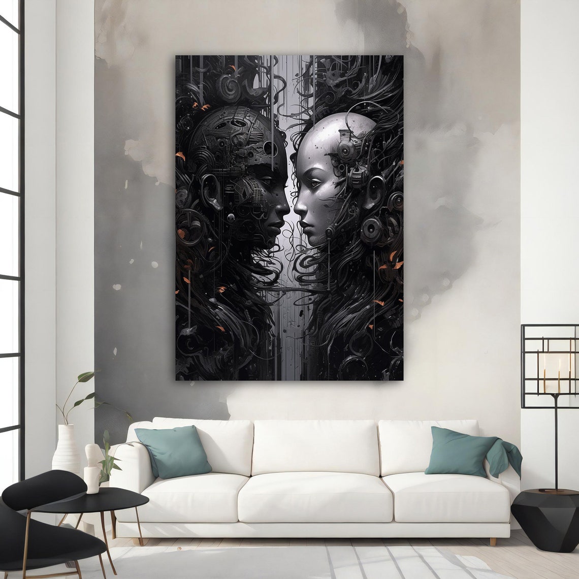 Futuristic Robot Couple Android Faces Sci Fi Digital Wall Art Print - Image 4