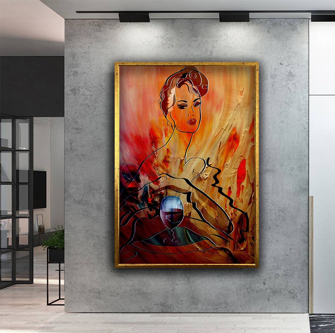 Woman And Wine Glass Art Abstract Woman Print Warm Colors Wall Art Wine Glasses Art Red Wine Print Woman Home Decor - Image 2