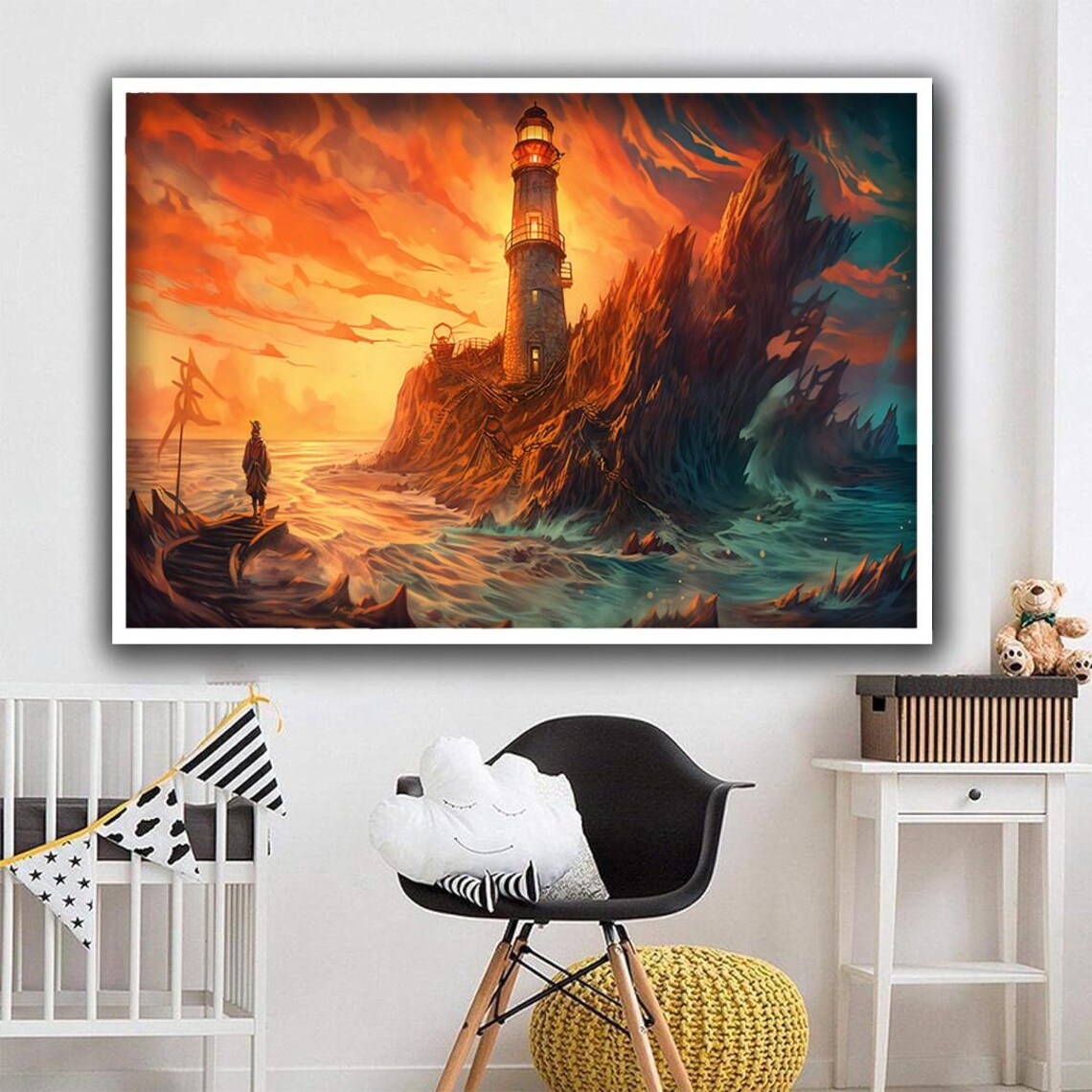 Lighthouse on Rocky Island at Fiery Orange Sunset Coastal Art Poster - Image 4
