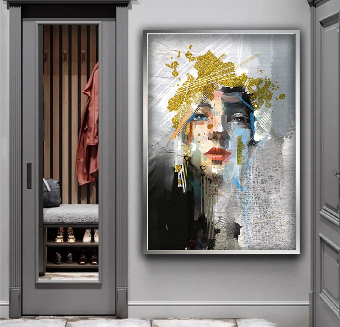 Abstract Woman Portrait with Gold Glitter Accents and Red Lips Poster - Image 4