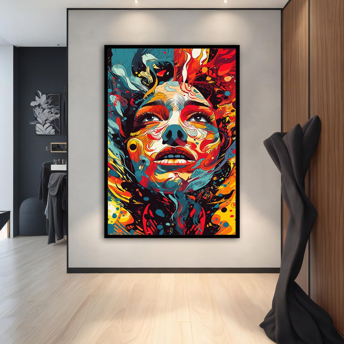 Fiery Abstract Woman Face Colorful Swirl Modern Portrait Wall Art - Image 4