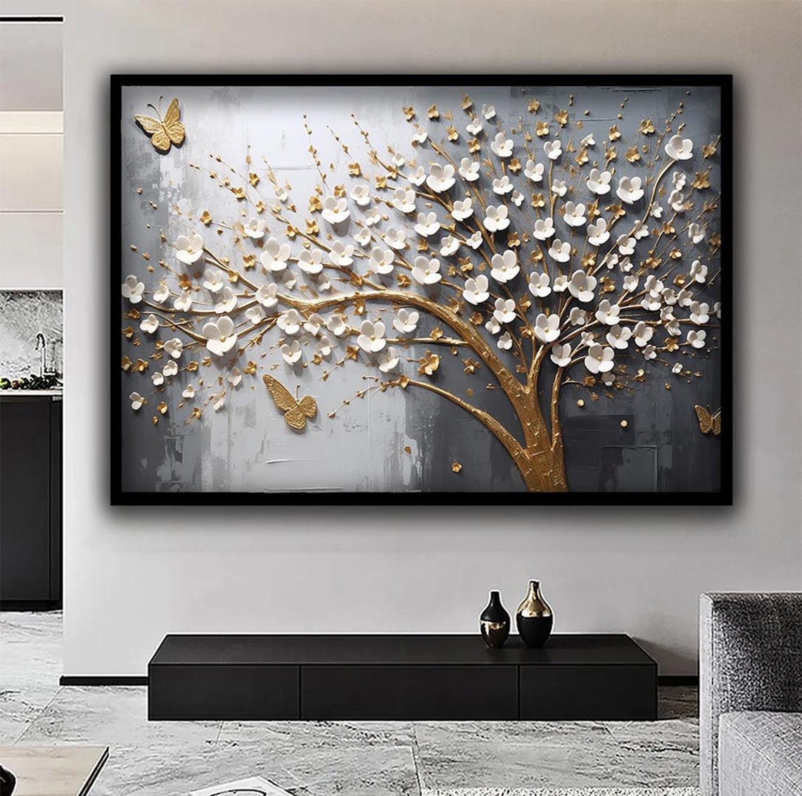 White and Gold Flower Tree 3D Butterflies Gray Floral Wall Art - Image 2