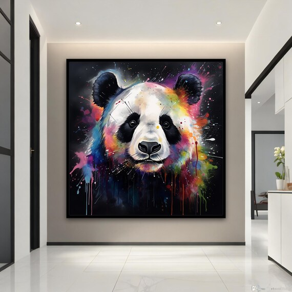 Panda Rainbow Paint Splash Cute Animal Art Black Background Poster