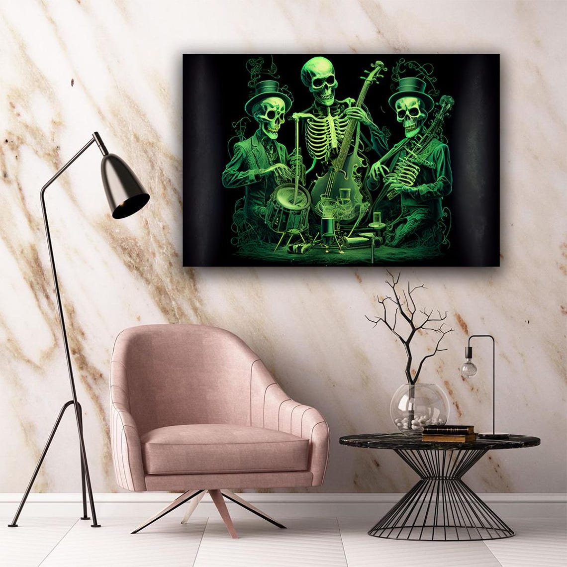 Three Green Skeletons Playing Jazz Instruments Spooky Night Poster - Image 5