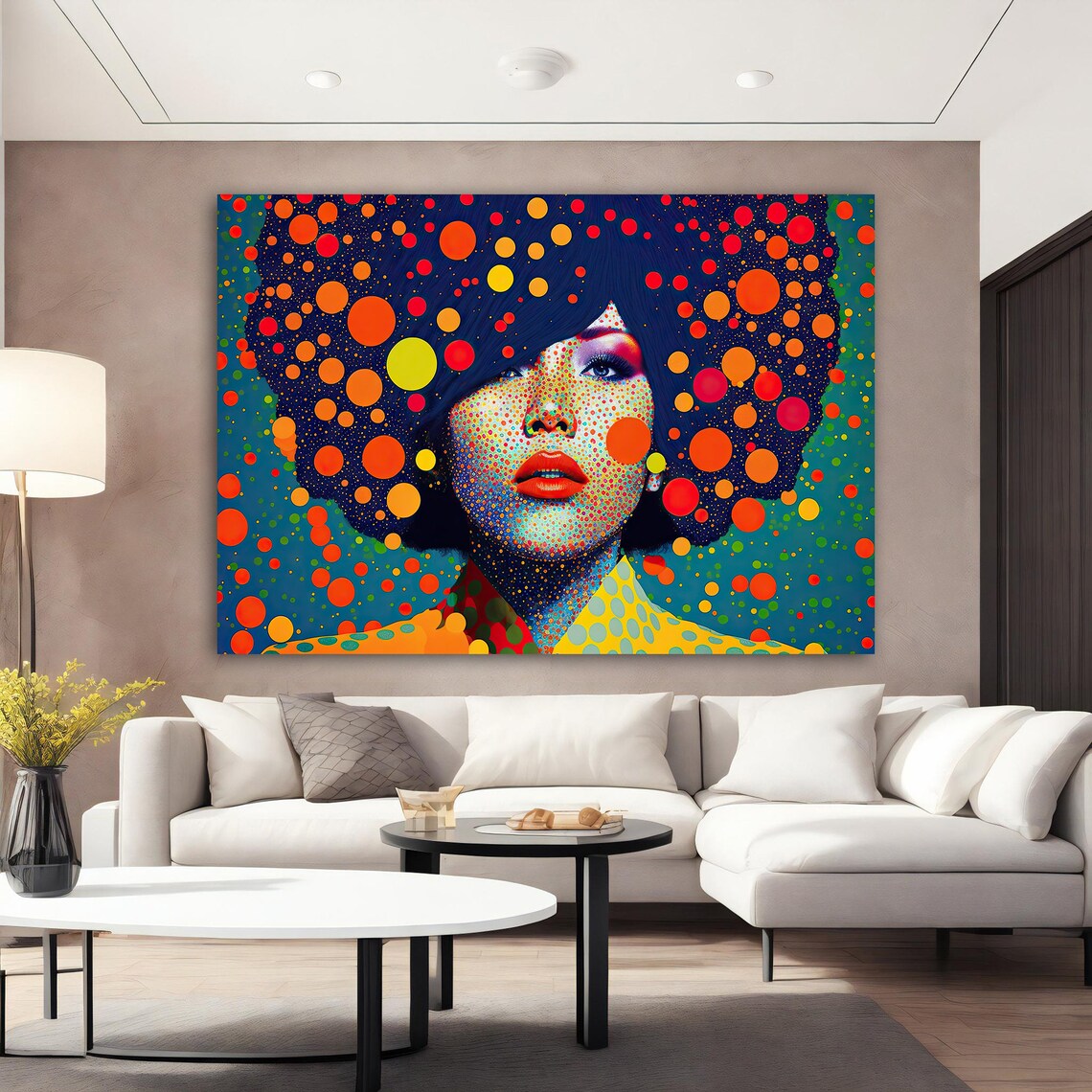 Vibrant Pop Art Woman Portrait with Colorful Dotted Afro Red Lips Poster - Image 2
