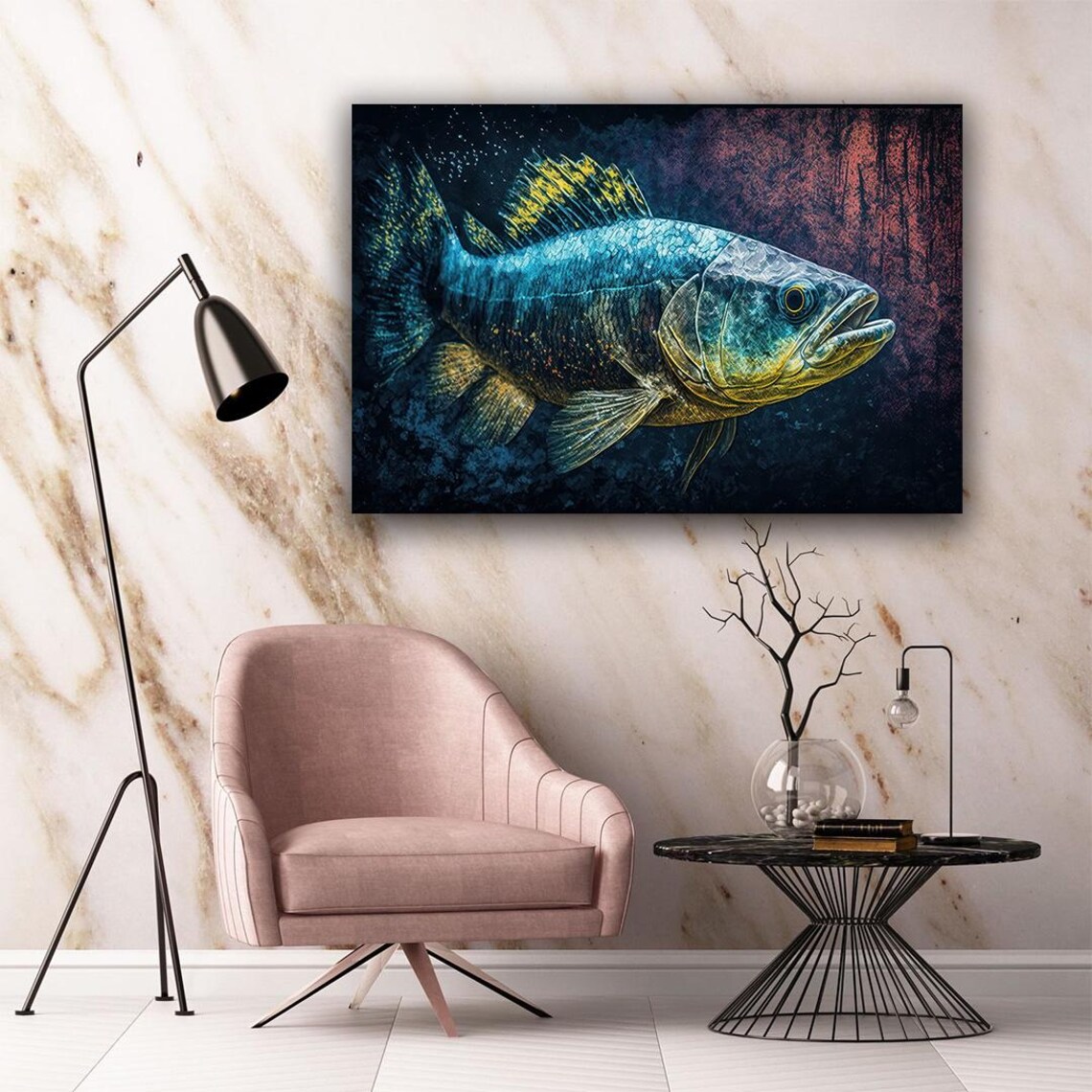 Teal Game Fish Painting Gold Fin Underwater Sea Life Wall Art Print - Image 3