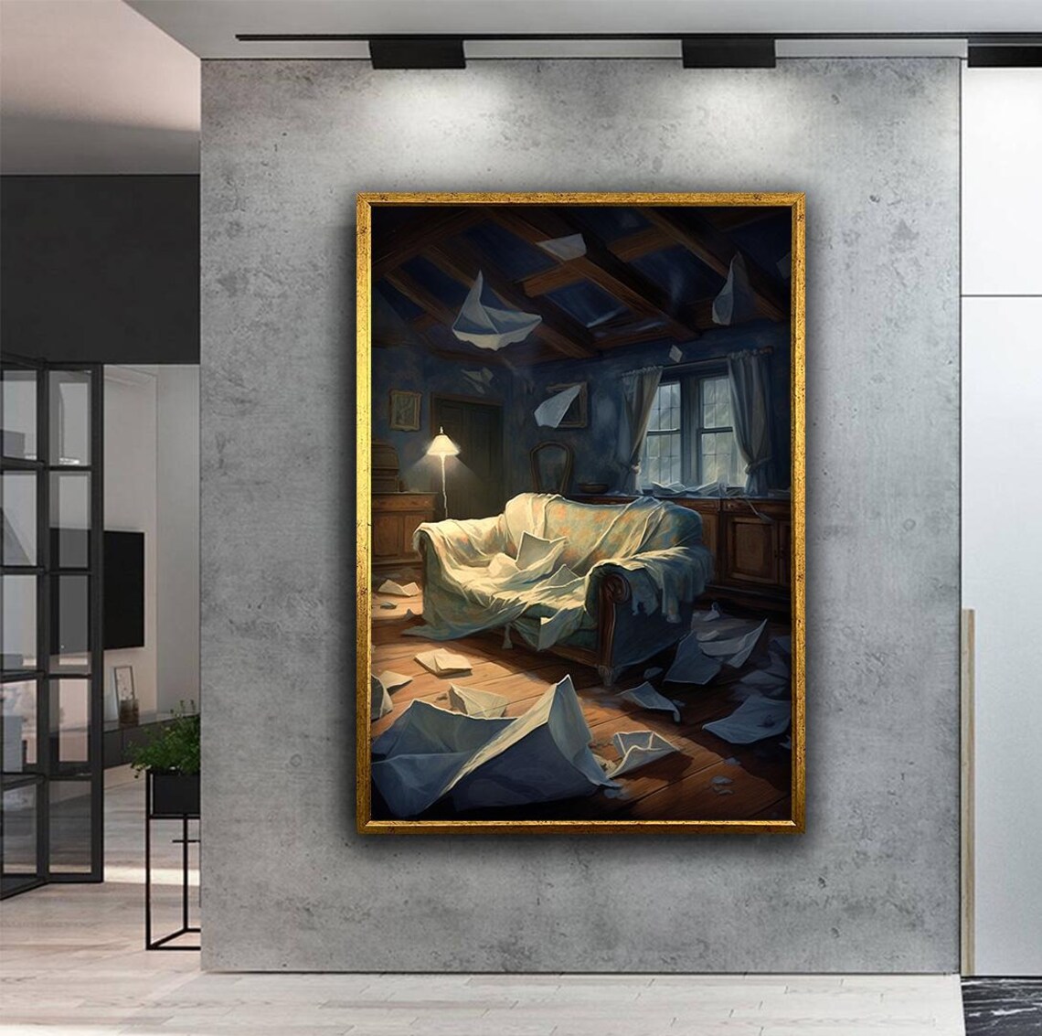 Abandoned Room Dust Sheet Furniture Moody Blue Interior Art Poster - Image 2