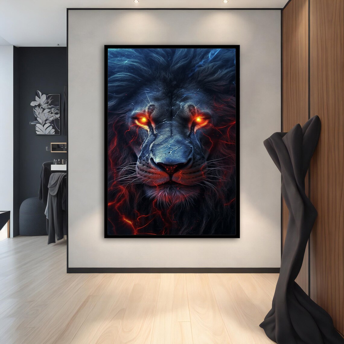 Dark Fierce Lion Glowing Orange Eyes Lava Mane Fantasy Beast Art Poster - Image 3
