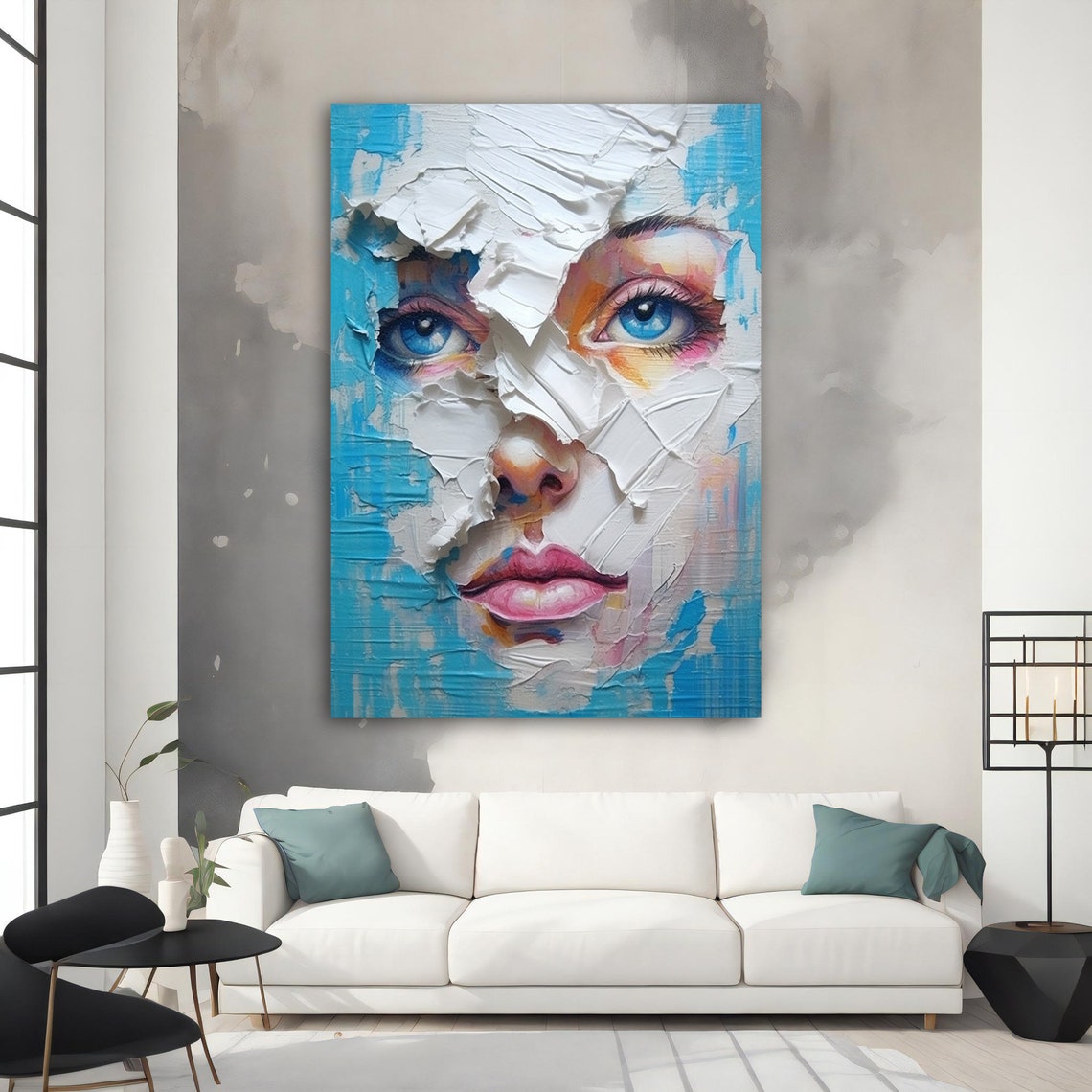 Blue and White Cracked Plaster Woman Face Modern Abstract Art Poster - Image 3