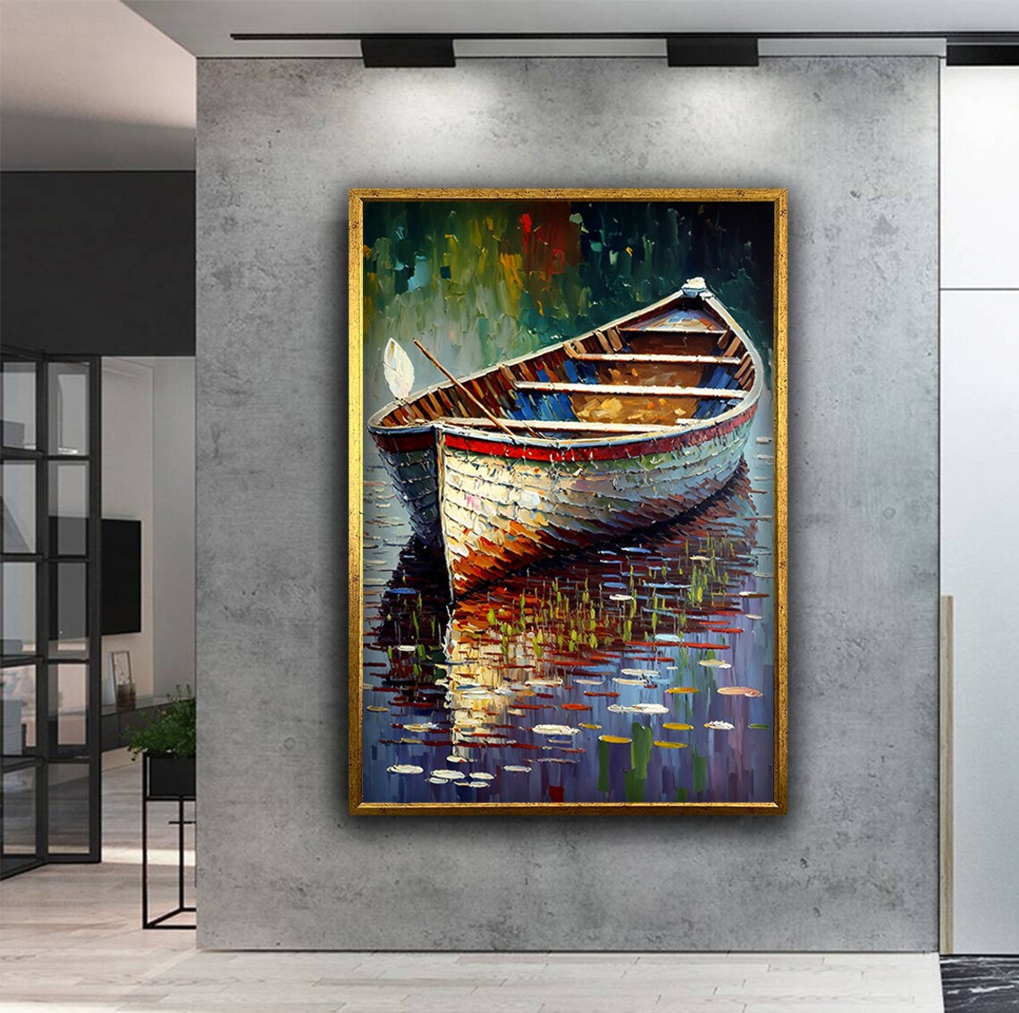 Wooden Rowboat On Calm Lake Impasto Oil Painting Reflection Poster - Image 5