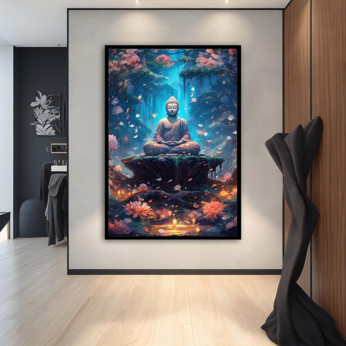 White Buddha Forest Waterfall Blossoms Mystical Asian Art Poster - Image 4