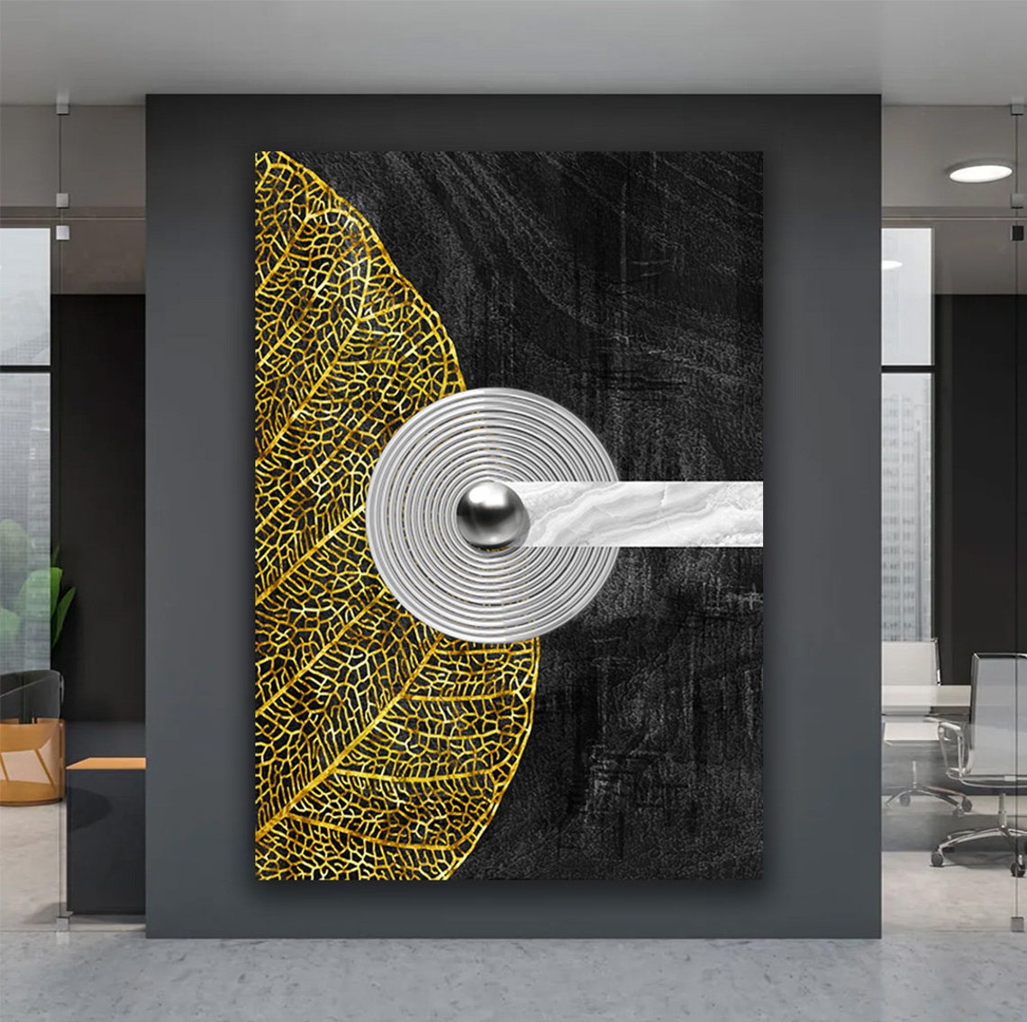 Black and Gold Leaf Skeleton Circle Marble Modern Wall Art Poster