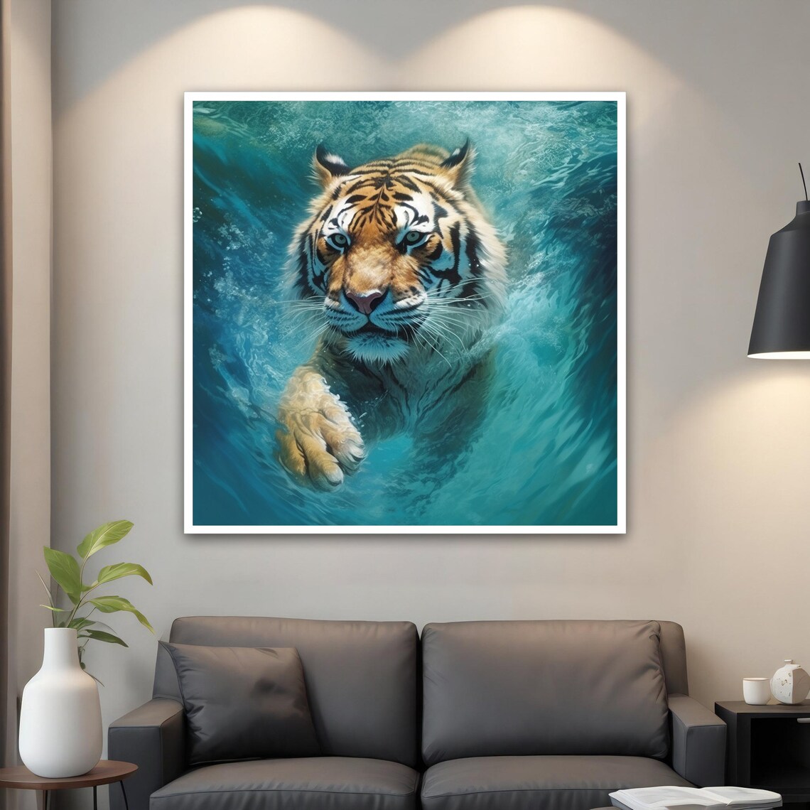 Tiger Swimming Underwater Turquoise Waves Powerful Wildlife Art Wall Poster - Image 4