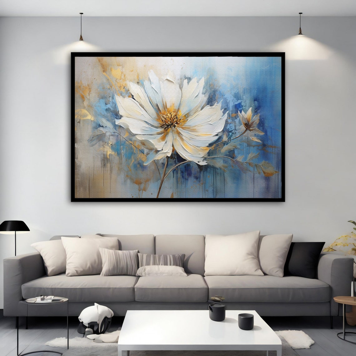 Large White Daisy Gold Center Blue Cream Abstract Floral Poster