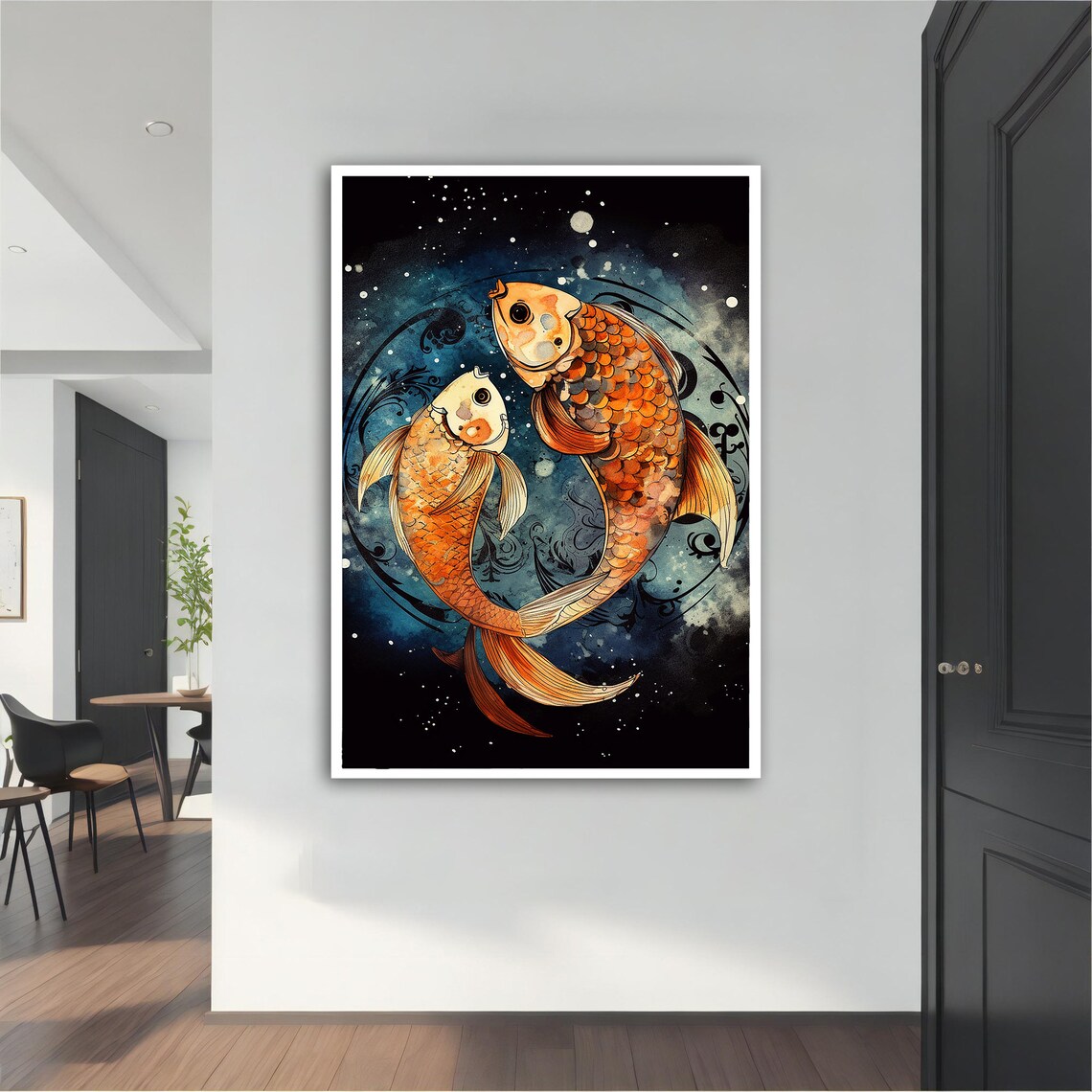 Two Orange Koi Fish Yin Yang Dark Teal Water Animal Art Poster