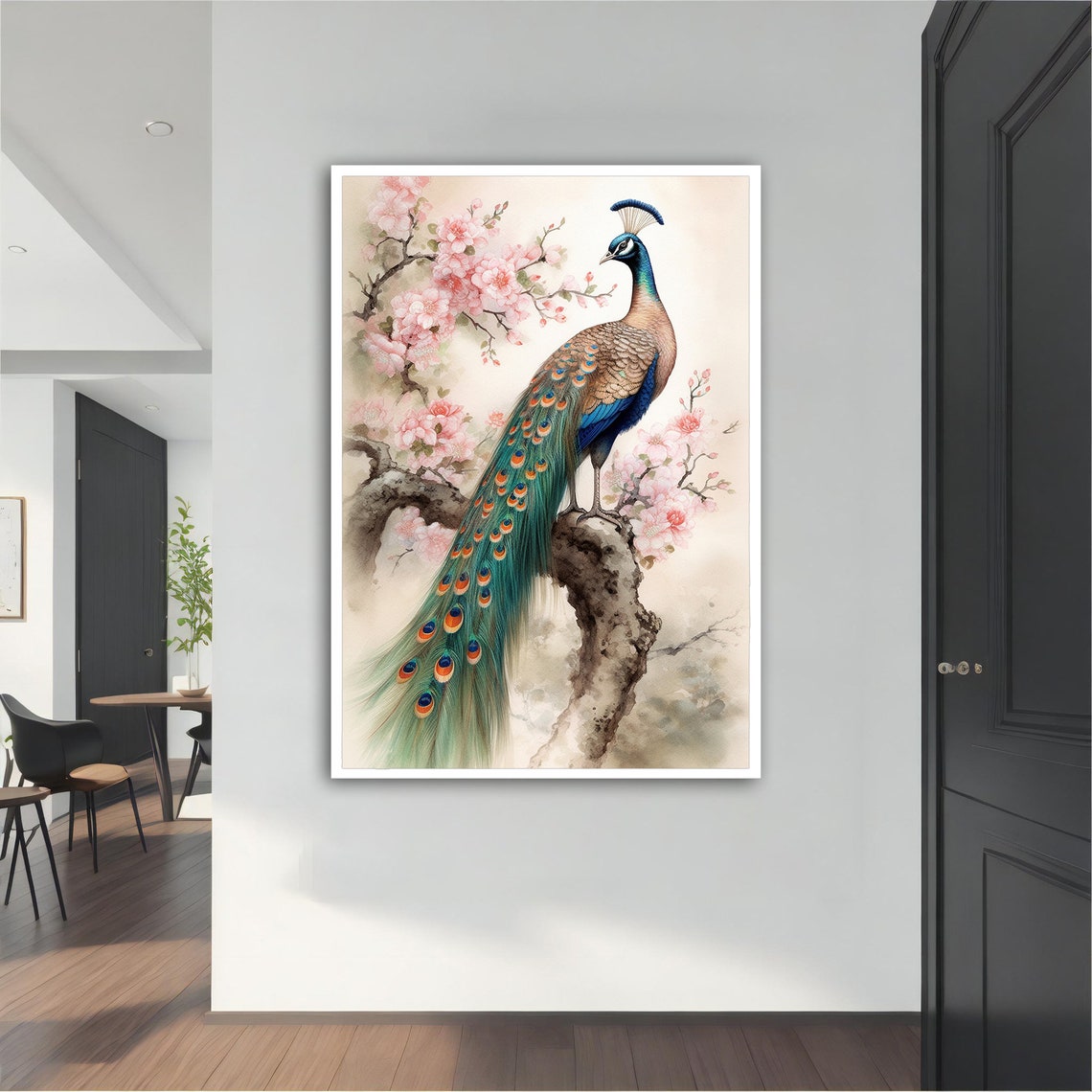 Peacock on Cherry Blossom Branch Watercolor Asian Animal Poster