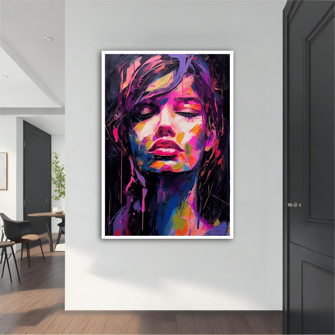 Colorful Neon Woman Portrait Abstract Paint Splash Art Poster