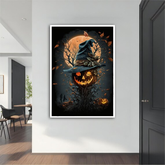 Halloween Pumpkin Scarecrow Witch Hat Full Moon Spooky Wall Art