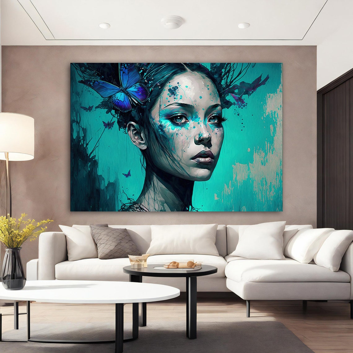 Woman Portrait Art Woman And Butterfly In Blue Wall Art Blue Eyes Woman Wall Art Abstract Girl Paint - Image 2