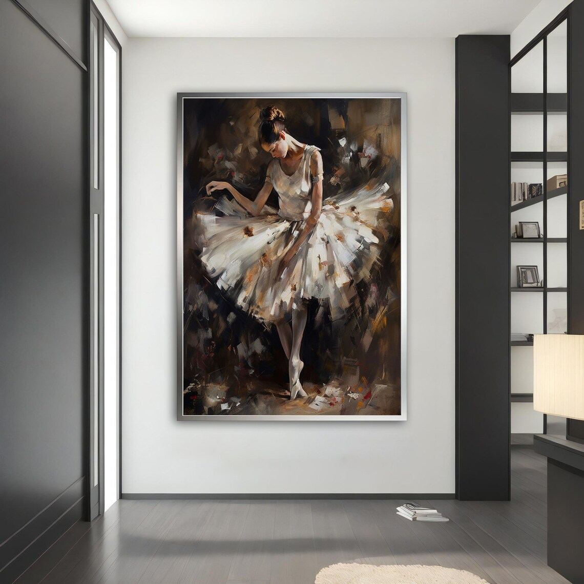 Ballerina Dancing On Pointe White Tutu Dark Impressionist Oil Art Poster