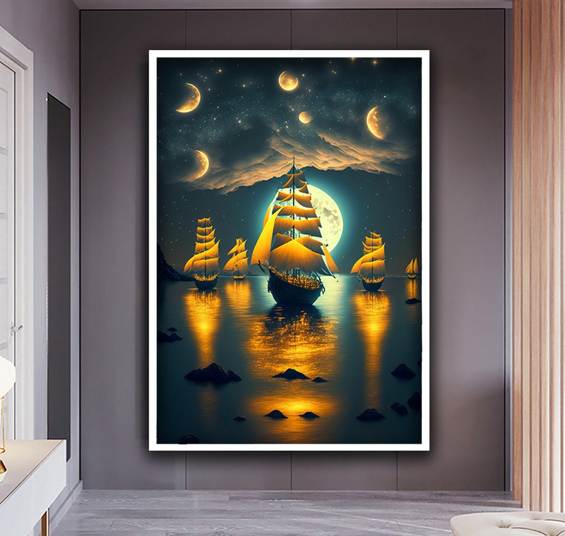 Tall Ships Under Multiple Moons Golden Night Sea Fantasy Art Poster - Image 3