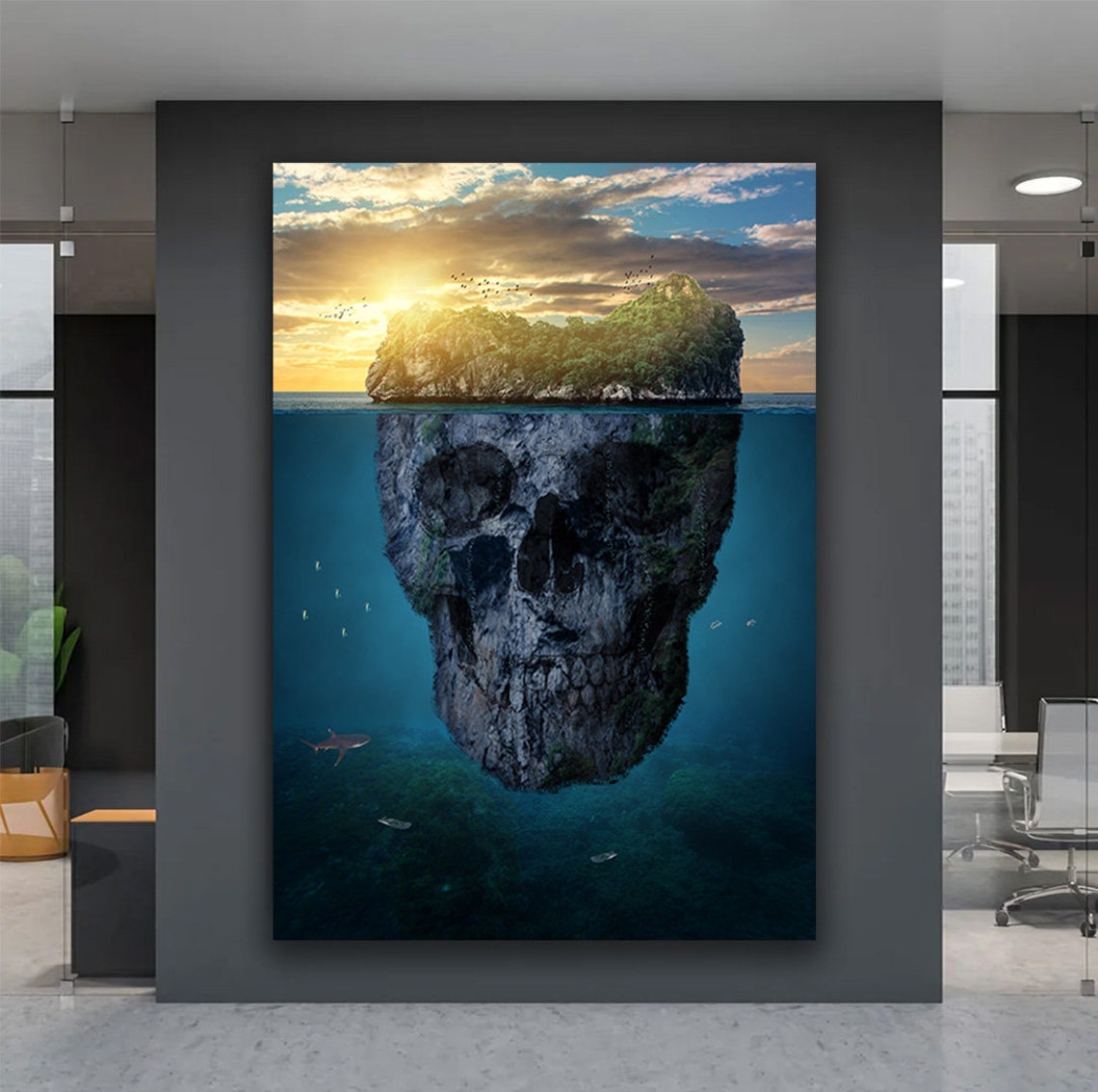 Skull Island Tropical Sunset Ocean Optical Illusion Wall Art - Image 3
