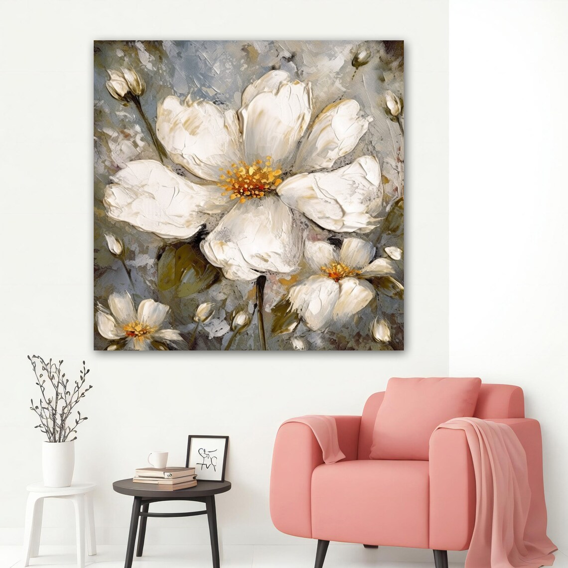White Flowers Oil Painting Impasto Soft Gray Floral Art Poster - Image 2