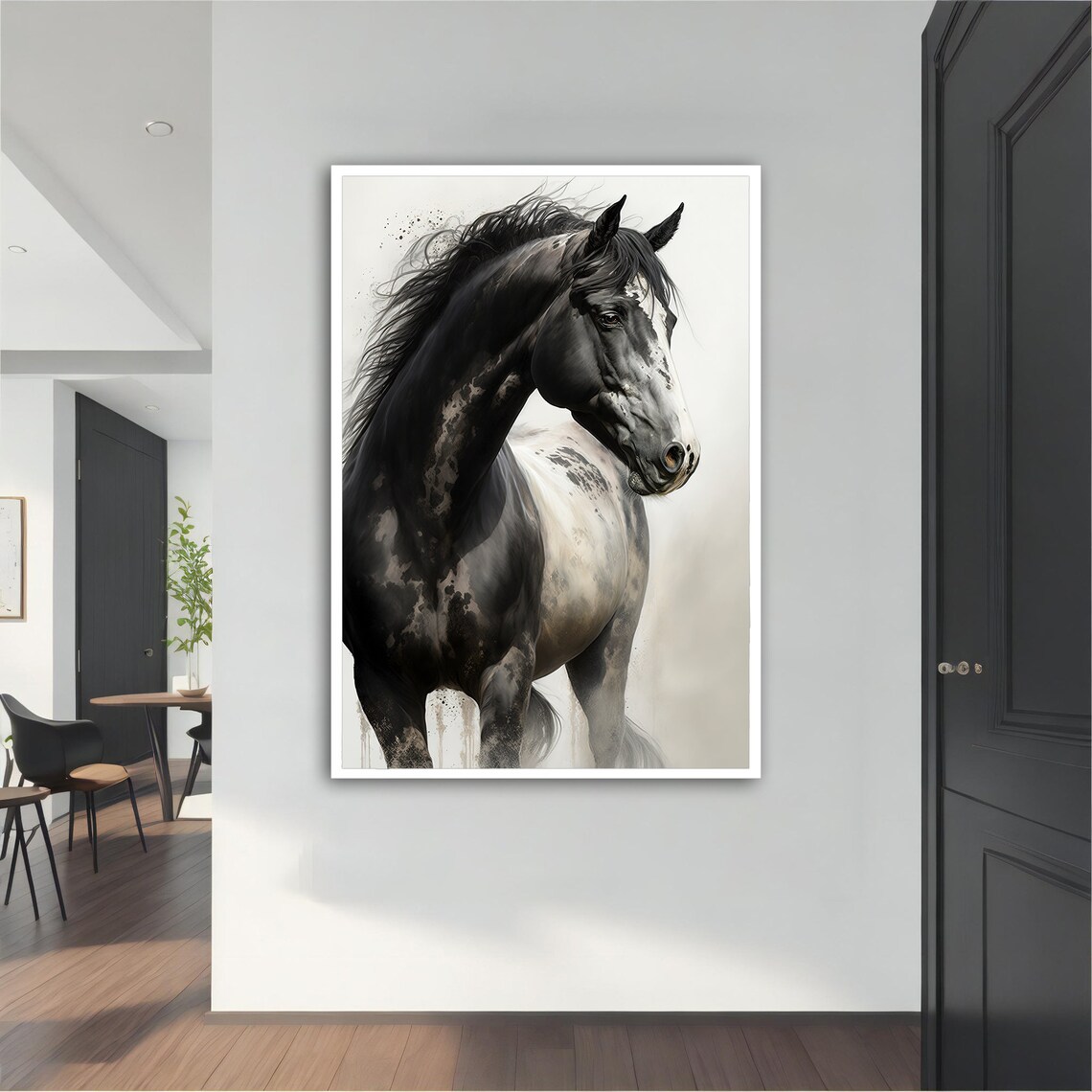 Black Horse Watercolor Painting White Background Elegant Animal Poster