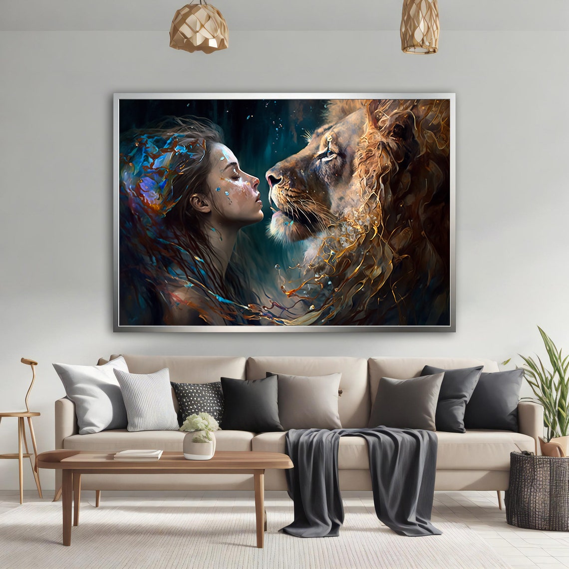 Lion And Girl Painting Love Of Woman And Lion Lion Painting Lion Couple Print Art Woman Wall Art Modern Home Decor - Image 2
