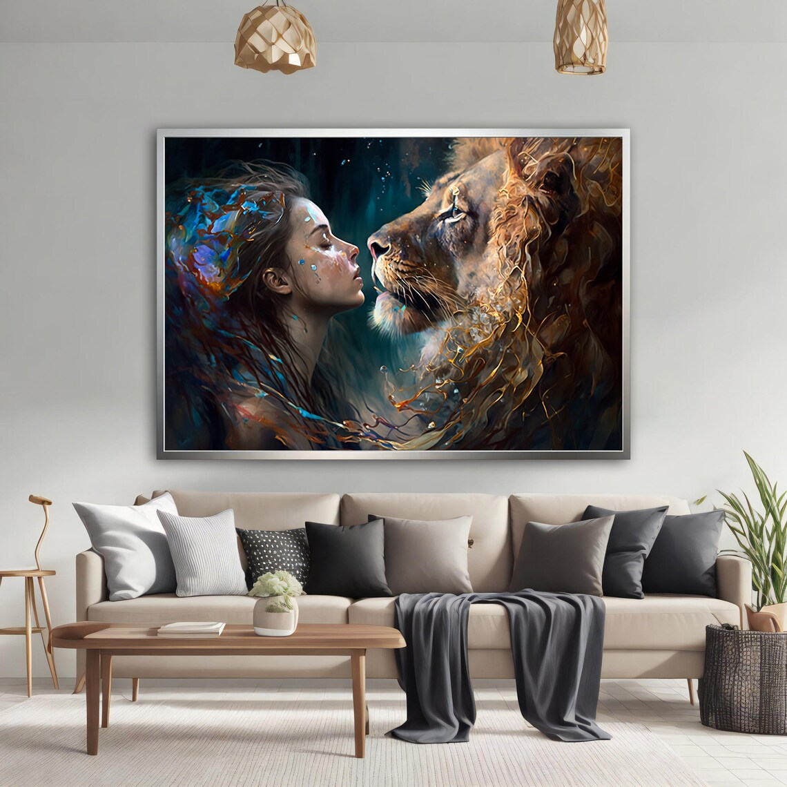 Woman and Lion Face to Face in Splashing Water Fantasy Art Poster - Image 2