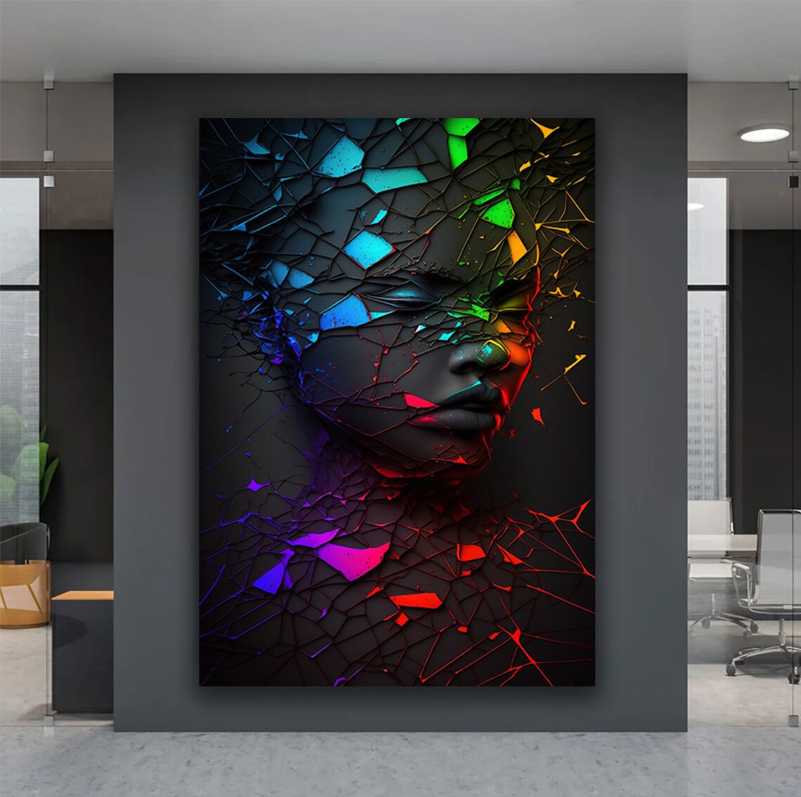 Colorful African Woman Face Shattered Stained Glass Neon Art Poster - Image 3