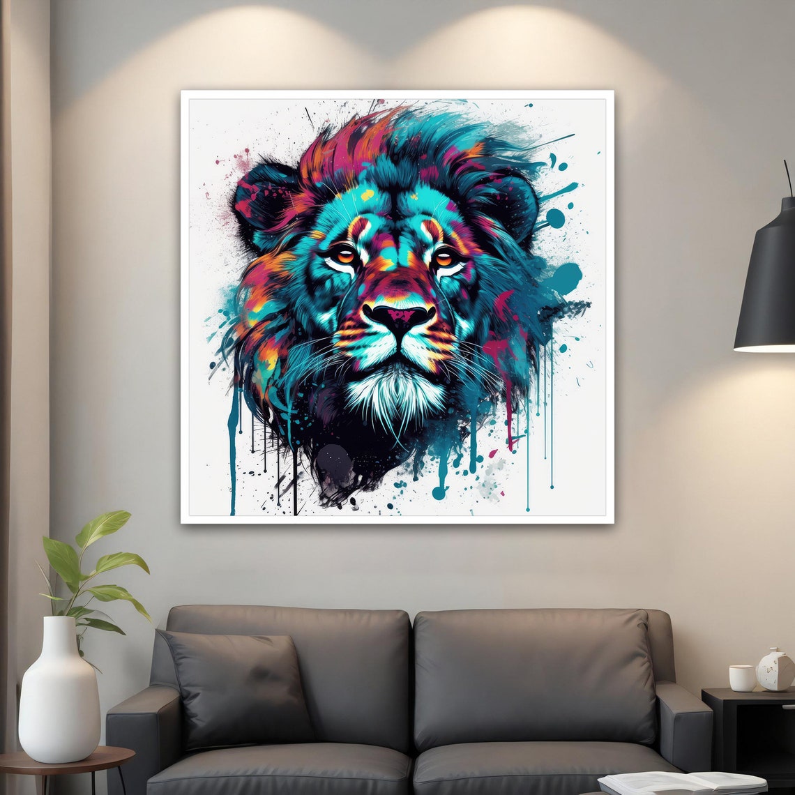 Colorful Lion Splash Art Teal Pink White Background Animal Poster - Image 4
