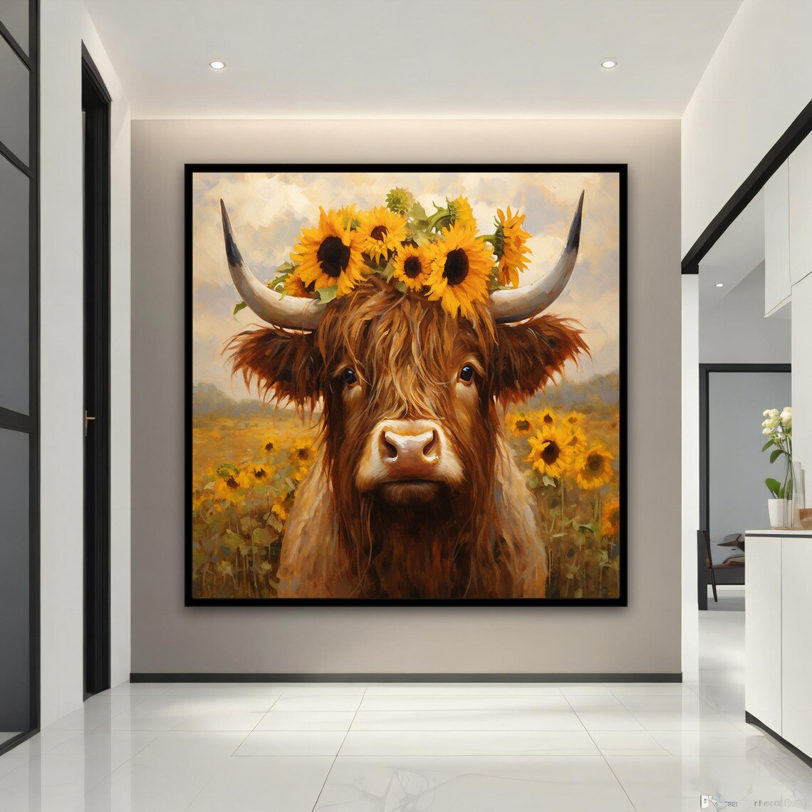 Highland Cow Sunflower Crown Field Rustic Farm Animal Art Poster
